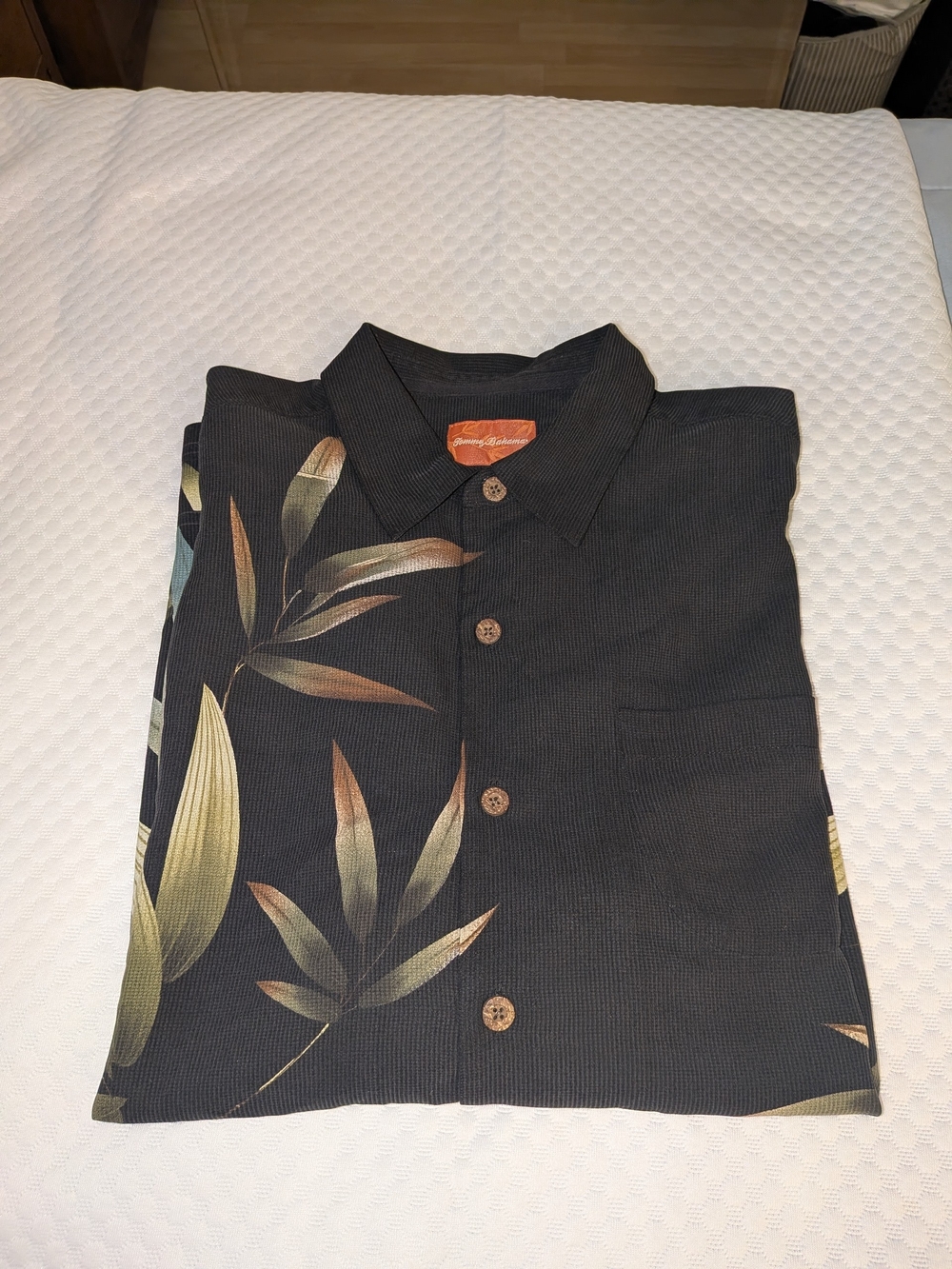 Tommy Bahama Black Silk Shirt with Palms and Burnt Orange Label